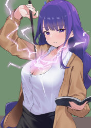 Rule 34 | 1girl, book, breasts, brown cardigan, cardigan, collared shirt, commentary, dress shirt, formal, genshin impact, green background, highres, holding, holding book, holding wand, lanthan, large breasts, looking at viewer, mole, mole under eye, office lady, purple eyes, purple hair, raiden shogun, shirt, simple background, solo, suit, sweater, teacher, wand, white shirt