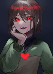 Rule 34 | 1other, blood, blood on face, brown hair, chara (undertale), chikuwaseijin, collared shirt, evil smile, hand on own cheek, hand on own face, highres, long sleeves, open mouth, red eyes, shirt, short hair, smile, solo, striped clothes, striped sweater, sweater, undertale, v-shaped eyebrows