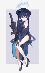 Rule 34 | 1girl, bare shoulders, black dress, black footwear, black gloves, black hair, black jacket, blue archive, breasts, butterfly hair ornament, cs/ls06, double bun, dragon print, dress, gloves, grey eyes, gun, hair bun, hair ornament, halo, highres, holding, holding gun, holding weapon, jacket, kisaki (blue archive), legs, long hair, looking at viewer, print dress, shamonabe, shoes, sitting, sleeveless, sleeveless dress, small breasts, solo, striped clothes, striped jacket, submachine gun, thighs, twintails, vertical-striped clothes, vertical-striped jacket, weapon