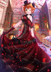 Rule 34 | 10s, 1girl, ;d, blue eyes, blush, dress, gloves, hair ribbon, hat, highres, hoshizora rin, kosaka honoka, lace, lace-trimmed dress, lace trim, looking at viewer, love live!, love live! school idol festival, love live! school idol project, one eye closed, open mouth, orange hair, petals, puffy sleeves, red dress, red gloves, ribbon, short hair, side ponytail, skirt, smile, solo, swordsouls, wink, yellow eyes