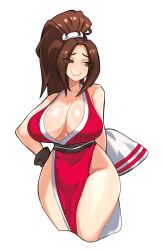 Rule 34 | 1girl, :&gt;, armpits, artist request, bare legs, bare shoulders, breasts, brown eyes, brown hair, cleavage, collarbone, curvy, fatal fury, hand on own hip, highres, large breasts, leaning forward, lips, long hair, looking to the side, no bra, no panties, pelvic curtain, ponytail, revealing clothes, ribbon, rope, sash, shiny skin, shiranui mai, smile, smirk, snk, solo, standing, the king of fighters, thighs, very long hair, wide hips