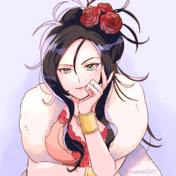 Rule 34 | 1girl, artist name, black hair, bracelet, breasts, closed mouth, commentary request, deborah (dq5), dragon quest, dragon quest v, flower, gold bracelet, gradient background, green eyes, hair between eyes, hair flower, hair ornament, jewelry, large breasts, long hair, mole, mole under eye, pink lips, purple background, red flower, red rose, rose, simple background, smile, solo, tsunao527, twitter username, upper body