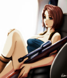 Rule 34 | 1girl, artist name, bare legs, bare shoulders, blue eyes, bob cut, breasts, brown hair, capcom, cleavage, esther shen, female focus, gun, jill valentine, large breasts, leg up, legs, lips, lipstick, looking at viewer, makeup, neck, parted lips, resident evil, resident evil 3, resident evil 3: nemesis, rifle, scope, short hair, sitting, sniper rifle, solo, strapless, weapon