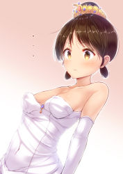 Rule 34 | ..., 1girl, bare shoulders, blush, breasts, brown eyes, brown hair, closed mouth, collarbone, covered navel, crown, dress, elbow gloves, gloves, gradient background, highres, kantai collection, looking down, low twintails, minarai shachou, mini crown, oversized clothes, parted bangs, pink background, shirayuki (kancolle), short hair, short twintails, small breasts, solo, strapless, strapless dress, twintails, upper body, white background, white dress, white gloves