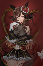 Rule 34 | 1girl, absurdres, animal ears, bare shoulders, blush, braided hair rings, breasts, cleavage, closed mouth, collarbone, corset, couch, covered collarbone, curtains, detached sleeves, dress, ear covers, ear ornament, gentildonna (umamusume), hair ornament, hair rings, high heels, highres, horse ears, horse girl, horse tail, indoors, large breasts, long sleeves, looking at viewer, medium hair, muang, on couch, red corset, red dress, red eyes, ribbon, see-through, see-through cleavage, sitting, smile, solo, tail, umamusume
