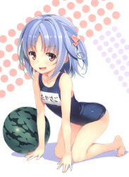 Rule 34 | 1girl, :d, absurdres, all fours, arched back, bare legs, barefoot, blue hair, blue one-piece swimsuit, flat chest, food, fruit, full body, hair ornament, highres, ideologue!, looking at viewer, name tag, non-web source, old school swimsuit, one-piece swimsuit, one side up, open mouth, pink eyes, scan, school swimsuit, short hair, smile, solo, swimsuit, two side up, watermelon, yuuki hagure