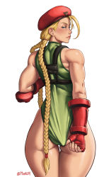 Rule 34 | 1girl, adjusting clothes, adjusting leotard, ass, blonde hair, blue eyes, blush, braid, braided ponytail, cammy white, capcom, fingerless gloves, gloves, hair ornament, hairclip, hat, highres, leotard, leotard pull, lipstick, long hair, looking back, makeup, mootium, solo, street fighter, thigh gap, twintails, very long hair, wedgie