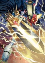Rule 34 | 1boy, arm blade, arm cannon, armor, bandai, cannon, cape, claws, digimoji, digimon, digimon (creature), digimon card game, electricity, floating, glowing, glowing hand, highres, horns, huge weapon, monster, night, night sky, no humans, official art, omegamon alter-s, sasasi, simple background, sky, solo, sword, weapon