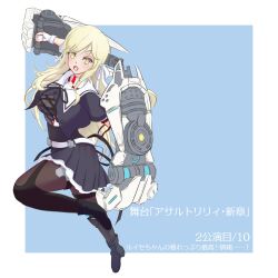 Rule 34 | 1girl, arm up, assault lily, belt, black footwear, black ribbon, black skirt, black thighhighs, blonde hair, blue background, boots, border, breasts, brown pantyhose, buckle, buttons, cleavage, commentary request, copyright name, cropped jacket, cross-laced clothes, cross-laced top, fang, fighting stance, full body, gloves, hair ribbon, highres, holding, holding weapon, large breasts, leg up, long hair, looking at viewer, luise ingels, miniskirt, neck ribbon, open mouth, outside border, pantyhose, partially fingerless gloves, pleated skirt, power fist, puffy short sleeves, puffy sleeves, ribbon, school uniform, see-through, shirt, short sleeves, sidelocks, simple background, skirt, snap-fit buckle, solo, standing, standing on one leg, thigh strap, thighhighs, thighhighs over pantyhose, translation request, ueharu, underbust, v-shaped eyebrows, very long hair, weapon, white belt, white border, white gloves, white ribbon, white shirt, yellow eyes, yurigaoka girls academy school uniform