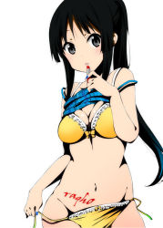 Rule 34 | 1girl, akiyama mio, applying makeup, artist name, black hair, blue nails, blush, body writing, bow, bow panties, bra, breasts, camisole, cleavage, clothes lift, cosmetics, cowboy shot, grey eyes, holding, holding lipstick, k-on!, lipstick, lipstick tube, long hair, looking at viewer, makeup, medium breasts, nail polish, navel, official style, panties, parted lips, ponytail, ragho no erika, shirt lift, side-tie panties, signature, simple background, solo, strap slip, underwear, underwear only, untied panties, white background, yellow bow, yellow bra, yellow panties