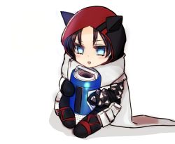 Rule 34 | 1girl, absurdres, animification, apex legends, black hair, blue eyes, chibi, eyebrows hidden by hair, hellcat wraith, highres, holding, hood, hood up, official alternate costume, open mouth, parted bangs, scarf, serinoki, shadow, sitting, solo, white background, white scarf, wraith (apex legends)
