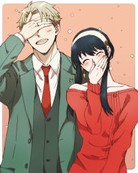 Rule 34 | 1boy, 1girl, absurdres, bare shoulders, black hair, blonde hair, blush, border, buttons, closed eyes, collarbone, collared shirt, commentary request, covering own eyes, covering own mouth, earrings, gold earrings, green jacket, hairband, hand on own face, hand over own mouth, hand up, highres, husband and wife, jacket, jewelry, long hair, long sleeves, necktie, open mouth, outside border, red necktie, red sweater, ring, shirt, short hair, sidelocks, smile, spy x family, sweater, tama . kogifu, teeth, twilight (spy x family), upper body, upper teeth only, vest, white border, white hairband, white shirt, yor briar
