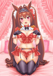 Rule 34 | 1girl, alternate costume, animal ears, aonuma kiyoharu, bed, blush, breasts, brown hair, cleavage, commentary, daiwa scarlet (umamusume), fang, gloves, highres, horse ears, horse tail, large breasts, long hair, looking at viewer, naked ribbon, navel, pillow, red eyes, ribbon, seiza, sitting, solo, sweat, tail, thighhighs, tiara, twintails, umamusume