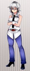 Rule 34 | 1girl, alternate costume, aoshima, bare arms, bare shoulders, blue eyes, braid, crossed arms, gloves, high heels, highres, izayoi sakuya, lips, necktie, pants, pinstripe pants, pinstripe pattern, shirt, silver hair, sleeveless, sleeveless shirt, solo, striped background, striped clothes, striped pants, touhou, twin braids, vertical-striped clothes, vertical-striped pants, white gloves