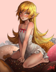 Rule 34 | 1girl, :o, artist name, bad deviantart id, bad id, bakemonogatari, bare legs, bare shoulders, barefoot, blonde hair, blush, brown eyes, collarbone, covered erect nipples, doughnut, dress, flat chest, food, full body, icing, lips, long hair, looking at viewer, monogatari (series), open mouth, oshino shinobu, oversized object, own hands together, parted lips, pointy ears, sitting, sleeveless, sleeveless dress, soles, solo, sprinkles, sundress, sweets, toes, v arms, vampire, very long hair, wariza, white dress, zorafi