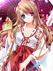 Rule 34 | 1girl, arrow (projectile), bell, breasts, cleavage, collarbone, ema, floral print, hair ribbon, heterochromia, highres, japanese clothes, jingle bell, large breasts, light brown hair, long hair, long sleeves, looking at viewer, miko, monety, oil-paper umbrella, original, ribbon, sash, side slit, smile, snake, solo, umbrella, wide sleeves