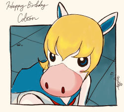 Rule 34 | 1boy, animal crossing, animal ears, artist name, bishoujo senshi sailor moon, blonde hair, blue eyes, blue sailor collar, blush stickers, character name, colton (animal crossing), commentary request, cosplay, derivative work, hair between eyes, happy birthday, horse, horse ears, male focus, meme, milly (illst), nintendo, sailor collar, sailor moon, sailor moon (cosplay), sailor moon redraw challenge (meme), solo