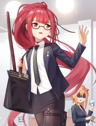 Rule 34 | 2girls, arm up, bag, black necktie, black skirt, black thighhighs, blue jacket, cz75 (cz75 does not work overtime) (girls&#039; frontline), cz75 (girls&#039; frontline), dated, eyewear on head, feet out of frame, floppy disk, formal, girls&#039; frontline, hair ornament, hairclip, highres, holding, holding bag, jacket, kalina (girls&#039; frontline), long hair, long sleeves, looking away, multiple girls, nail polish, necktie, office lady, official alternate costume, open clothes, open jacket, open mouth, orange hair, pink nails, ponytail, red eyes, red hair, red necktie, sarasa (kanbi), shirt, simple background, skirt, standing, thighhighs, white shirt