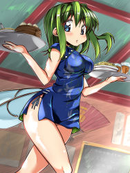 Rule 34 | 1girl, ase (nigesapo), bad id, bad pixiv id, bamboo steamer, baozi, bare legs, blue dress, blue eyes, blue panties, blush, bowl, breasts, buttons, cake, chalkboard, china dress, chinese clothes, cup, daiyousei, dress, drink, drinking glass, dutch angle, eyebrows, fairy wings, floating hair, floral print, folding fan, food, from side, green hair, hair between eyes, hand fan, hands up, holding, holding tray, ice, ice cube, iced tea, impossible clothes, impossible dress, indoors, long hair, looking at viewer, low wings, medium breasts, outline, panties, paper fan, parted lips, rice, short dress, short sleeves, side-tie panties, side ponytail, side slit, sidelocks, sleeveless, sleeveless dress, solo, tea, touhou, tray, underwear, waitress, walking, wings