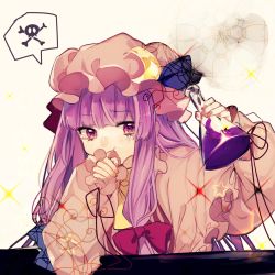 Rule 34 | 1girl, blue bow, blunt bangs, bow, capelet, commentary request, covering own mouth, crescent, crescent hair ornament, daimaou ruaeru, dress, erlenmeyer flask, fingernails, flask, hair bow, hair ornament, hands up, hat, highres, holding, long hair, long sleeves, mob cap, one-hour drawing challenge, patchouli knowledge, potion, purple eyes, purple hair, red bow, sketch, skull and crossbones, solo, spoken skull and crossbones, tears, touhou, upper body, very long hair