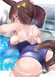 Rule 34 | 1girl, absurdres, akiba monaka, animal ears, ass, back, backboob, bad id, bad pixiv id, bent over, blue one-piece swimsuit, blush, breasts, brown hair, cameltoe, commentary request, from behind, green eyes, hair ribbon, highres, horse ears, horse girl, inari one (umamusume), large breasts, looking at viewer, looking back, one-piece swimsuit, pool, poolside, ribbon, shoulder blades, sideboob, solo, swimsuit, umamusume