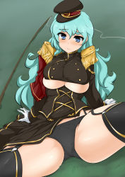 Rule 34 | 1girl, arm support, bad id, bad pixiv id, black panties, black thighhighs, blue eyes, blue hair, blush, breasts, buttons, clothing cutout, epaulettes, eyebrows, fishing rod, garter straps, gloves, grass, hat, highres, imagawa yoshimoto (sengoku collection), large breasts, long hair, looking at viewer, matching hair/eyes, momio, panties, peaked cap, sengoku collection, sitting, solo, spread legs, thick eyebrows, thighhighs, underboob, underboob cutout, underwear, uniform, white gloves