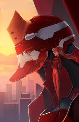 Rule 34 | 1girl, absurdres, arm at side, backlighting, breasts, brown eyes, cityscape, closed mouth, commentary request, covered navel, eva 02, from side, full body, gan-viking, hair between eyes, half-closed eyes, highres, interface headset, legs together, long hair, looking away, mecha, neon genesis evangelion, orange hair, outdoors, plugsuit, ponytail, profile, rebuild of evangelion, robot, size difference, skindentation, small breasts, solo, souryuu asuka langley, standing, sunlight