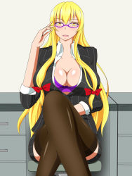 Rule 34 | 1girl, alternate costume, bespectacled, bow, bra, breasts, chair, cleavage, collarbone, collared shirt, desk, glasses, hair bow, hand up, highres, huge breasts, jacket, knees together feet apart, lactone, crossed legs, long hair, long legs, long neck, long sleeves, looking at viewer, office lady, open clothes, open jacket, open mouth, open shirt, purple-framed eyewear, purple bra, shirt, sitting, sleeves rolled up, smile, solo, thighhighs, thighs, touhou, underwear, very long hair, wide hips, yakumo yukari, yellow eyes