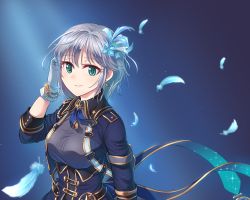 Rule 34 | 10s, 1girl, anastasia (idolmaster), blush, breasts, closed mouth, earrings, feathers, gloves, green eyes, hair ornament, highres, idolmaster, idolmaster cinderella girls, idolmaster cinderella girls starlight stage, jewelry, kamille (vcx68), large breasts, looking at viewer, short hair, silver hair, smile, solo, white gloves