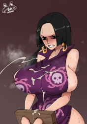 Rule 34 | 1girl, angry, bare shoulders, black eyes, black hair, blush, boa hancock, breasts, breath, china dress, chinese clothes, clenched teeth, cum, cum on body, cum on breasts, cum on clothes, cum on upper body, dress, earrings, ejaculation, embarrassed, female focus, gutaigutai, heavy breathing, highres, hime cut, huge breasts, jewelry, long hair, looking down, nose blush, one piece, out of frame, projectile cum, restrained, side slit, simple background, sleeveless, snake earrings, solo, steaming body, sweatdrop, teeth, upper body