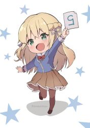 Rule 34 | 1girl, :d, amayomiyu, arm up, blonde hair, blue jacket, blush, bow, bowtie, braid, bright pupils, brown pantyhose, brown skirt, chibi, commentary request, countdown illustration, french braid, green eyes, hair between eyes, hair ribbon, happy, heaven burns red, holding, holding paper, jacket, long hair, long sleeves, looking at viewer, open mouth, outstretched arms, pantyhose, paper, pink ribbon, pleated skirt, red bow, red bowtie, ribbon, simple background, skirt, smile, solo, standing, standing on one leg, star (symbol), toujou tsukasa, twitter username, white background