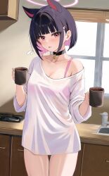 Rule 34 | 1girl, animal ears, black choker, black hair, blue archive, blush, bra, breasts, cat ears, choker, coffee, coffee mug, collarbone, colored inner hair, commentary request, cup, extra ears, hair ornament, hairclip, halo, highres, holding, holding cup, kazusa (blue archive), kitchen, looking at viewer, medium breasts, mug, multicolored hair, panties, partial commentary, pink hair, red eyes, ryouta (ryouta335), short hair, solo, steam, thigh gap, tongue, tongue out, underwear