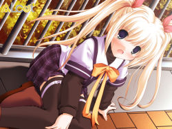 Rule 34 | 1girl, black thighhighs, blonde hair, blush, bow, bowtie, clover (series), clover heart&#039;s, company name, dutch angle, fence, game cg, hand on own knee, layered sleeves, leaf, logo, long hair, looking up, mikoshiba rea, multiple sleeves, nimura yuuji, official art, open mouth, outdoors, plaid, plaid skirt, ribbon, sad, saiga (company), school uniform, short sleeves, sitting, skirt, solo, tears, thighhighs, twintails, yellow bow, yellow ribbon, zettai ryouiki