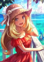 Rule 34 | 1girl, blonde hair, breasts, cleavage, cloud, collarbone, commentary, creatures (company), day, dress, eyelashes, game freak, gen 1 pokemon, gen 2 pokemon, grey eyes, hat, hat ribbon, lapras, long hair, looking at viewer, mantine, nintendo, open mouth, outdoors, pokemon, pokemon (creature), pokemon xy, quina 39, red dress, ribbon, serena (pokemon), sky, smile, straw hat, teeth, tongue, water, white ribbon