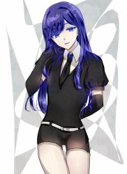 Rule 34 | 1other, androgynous, arm behind back, blue eyes, blue hair, colored eyelashes, elbow gloves, gem uniform (houseki no kuni), gloves, hand in own hair, houseki no kuni, lapis lazuli (houseki no kuni), long hair, looking at viewer, miyuzu, necktie, solo