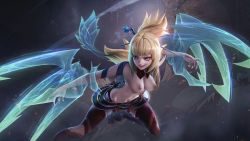 Rule 34 | 1girl, arena of valor, blonde hair, blue eyes, breasts, claw (weapon), dragon, eastern dragon, energy tail, energy weapon, female focus, fingernails, game cg, grin, hair ornament, hair stick, long hair, medium breasts, moba, navel, nipples, smile, solo, thighhighs, topless, weapon