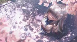 Rule 34 | 1girl, black hair, blunt bangs, cherry blossoms, closed eyes, closed mouth, commentary, dappled sunlight, english commentary, floral print kimono, flower knot, footwear flower, from above, full body, hair intakes, highres, japanese clothes, kimono, long hair, original, petals, sandals, smile, solo, standing, sunlight, tabi, tassel, wide sleeves, yukai nao, zouri