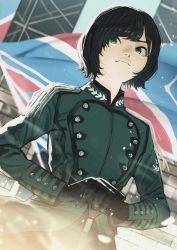 Rule 34 | 1girl, black hair, breasts, brick wall, buttons, closed mouth, flag background, gloves, hair over one eye, highres, hirate yurina, holding, keyakizaka46, looking at viewer, military, military uniform, mole, mole under mouth, multicolored background, own hands together, short hair, small breasts, solo, standing, uniform