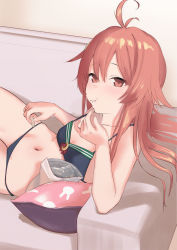Rule 34 | 1girl, :t, animal print, antenna hair, bikini, black bikini, blush, breasts, chips (food), closed mouth, commentary request, couch, cushion, eating, food, food on face, hair between eyes, highres, holding, holding food, kantai collection, long hair, looking at viewer, lying, pink eyes, pink hair, potato chips, rabbit print, sailor bikini, sailor collar, sakieko, small breasts, solo, swimsuit, uzuki (kancolle)