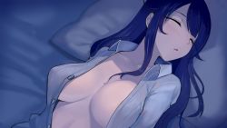 Rule 34 | 1girl, blue hair, breasts, closed eyes, facing away, game cg, large breasts, long hair, lying, non-web source, on back, on bed, open clothes, open shirt, original, parted lips, shirt, sidelocks, sleeping, solo, upper body, walzrj