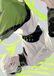 Rule 34 | 1boy, 510 gotoudayo, absurdres, arrow print, black scarf, character name, clothing cutout, copyright name, facial mark, green pants, grey background, grey hair, hair over one eye, headphones, highres, kagerou project, konoha (kagerou project), layered sleeves, long sleeves, looking at viewer, male focus, pants, parted lips, ponytail, red eyes, scarf, shirt, short hair, short over long sleeves, short sleeves, solo, triangle, upside-down, white hair, white shirt