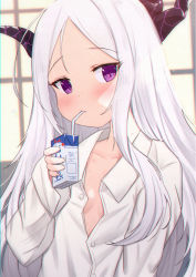 Rule 34 | 1girl, bendy straw, blue archive, blush, breasts, closed mouth, collarbone, collared shirt, commentary request, dress shirt, drinking, drinking straw, forehead, highres, hina (blue archive), holding, horns, long hair, long sleeves, looking at viewer, milk carton, multiple horns, naked shirt, parted bangs, partially unbuttoned, purple eyes, shirt, sleeves past wrists, small breasts, solo, uneg, upper body, very long hair, white hair, white shirt, window