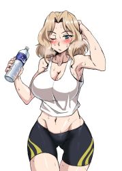 Rule 34 | 1girl, arm behind head, arm up, bike shorts, black shorts, blonde hair, blue eyes, blush, bottle, breasts, cleavage, closed eyes, commentary, cowboy shot, curvy, frown, girls und panzer, gluteal fold, groin, hair intakes, holding, holding bottle, kay (girls und panzer), large breasts, long hair, looking at viewer, midriff, mimuni362, navel, one eye closed, parted lips, print shorts, shiny skin, shirt, shorts, simple background, skindentation, solo, standing, sweat, tank top, thigh gap, water bottle, white background, white shirt