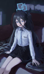 Rule 34 | 1girl, aris (blue archive), black hair, black skirt, blue archive, blue eyes, jianjia, long hair, long sleeves, looking at viewer, necktie, open mouth, shirt, skirt, smile, solo, white shirt