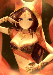 Rule 34 | 1girl, bracelet, breasts, brown hair, cleavage, closed mouth, futoshi ame, highres, jewelry, long hair, looking at viewer, medium breasts, midriff, navel, original, purple eyes, smile, solo, standing, stomach, upper body, very long hair
