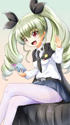 Rule 34 | 10s, 1girl, absurdres, anchovy (girls und panzer), anzio school uniform, belt, black belt, black cape, black necktie, blue background, breasts, cape, closed mouth, dated, feet out of frame, female focus, girls und panzer, green hair, grey hair, highres, long hair, long sleeves, looking at viewer, medium breasts, necktie, open mouth, pantyhose, red eyes, riding crop, ringlets, salute, school uniform, shirt, sitting, skirt, smile, solo, twintails, white pantyhose, white shirt, zakkin (zakkinman)