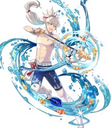 Rule 34 | 1boy, arrow (projectile), bow (weapon), fire emblem, fire emblem fates, fire emblem heroes, fujin yumi (fire emblem), full body, grey hair, highres, long hair, male focus, nintendo, official art, open mouth, ponytail, simple background, smile, solo, swimsuit, takumi (fire emblem), tobi (kotetsu), transparent background, water, weapon, yumi (bow)