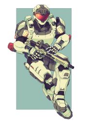 Rule 34 | 1boy, animification, armor, assault rifle, border, burnt tempe, commission, green background, gun, halo (game), halo (series), halo infinite, highres, holding, holding gun, holding weapon, invisible chair, male focus, power armor, rifle, science fiction, sitting, solo, spartan (halo), visor, weapon, white border