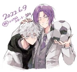 Rule 34 | 2boys, ball, black hoodie, blue lock, collared shirt, commentary request, cropped torso, dated, grey eyes, grey hair, hair between eyes, hand on another&#039;s head, highres, holding, holding ball, hood, hood down, hoodie, houndstooth, jacket, long sleeves, looking at viewer, male focus, mikage reo, multiple boys, nagi seishirou, necktie, one eye closed, purple eyes, purple hair, purple necktie, shirt, short hair, simple background, smile, soccer ball, translation request, upper body, vest, white background, white jacket, white shirt, yng z