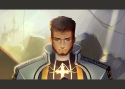 Rule 34 | 1boy, absurdres, backlighting, beard, brown hair, close-up, closed eyes, cropped shoulders, cross, cross necklace, dungeon and fighter, facial hair, glowing, highres, jewelry, male focus, male priest (dungeon and fighter), manly, my eight, necklace, priest, short hair, solo, upper body